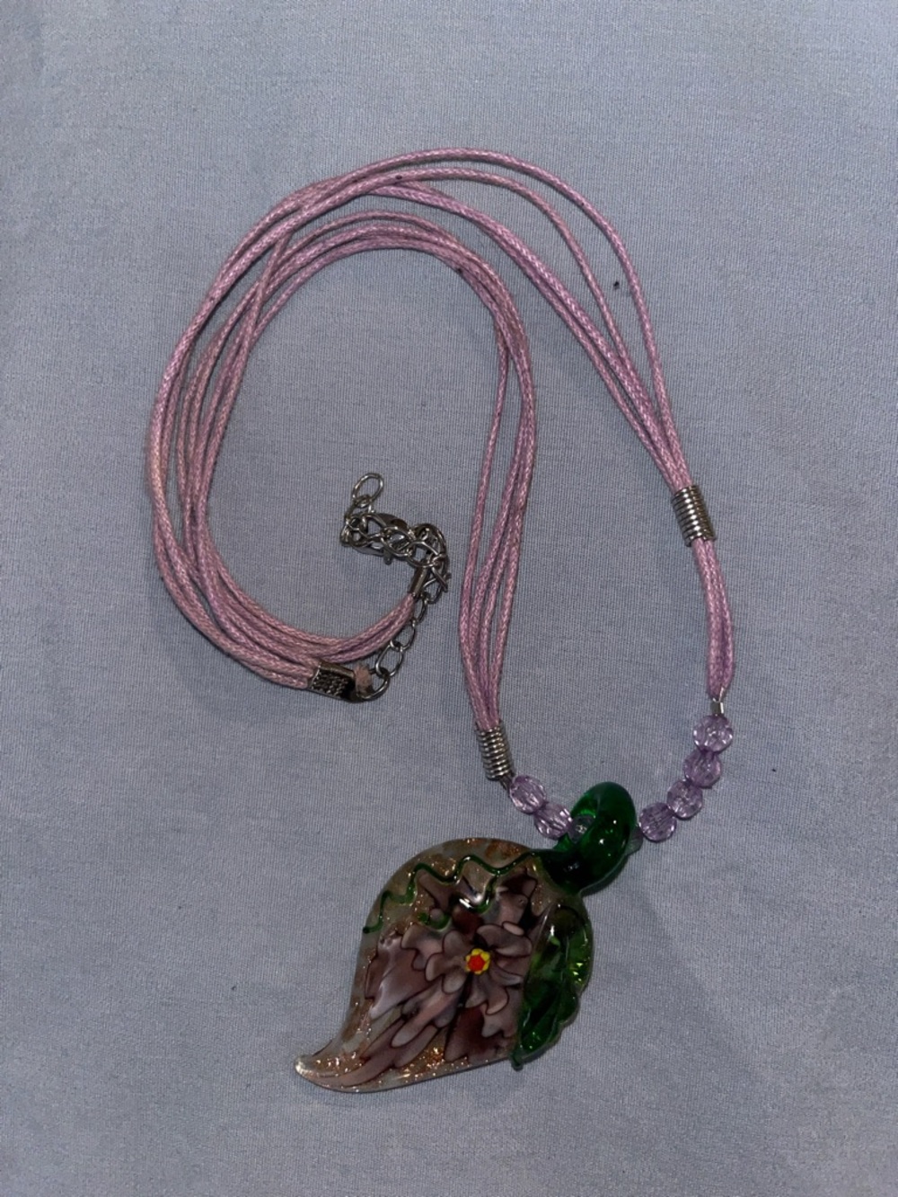 Handmade Pink Cord Glass Flower Pendant Necklace
